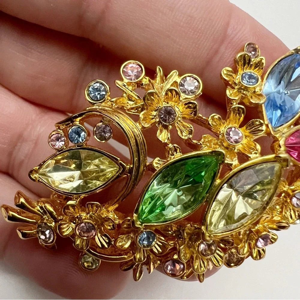 Vintage Diedre Hall Signed Multicolor Pastel Rhinestone Floral Branch Pin Brooch